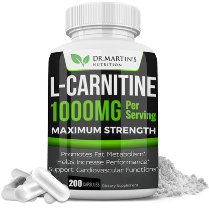 DR. MARTIN'S NUTRITION Extra Strength L-Carnitine - 200 Capsules - 1000mg Per Serving - Boost Your Metabolism and Increase Performance - PrimeBioHealth - canada supplements