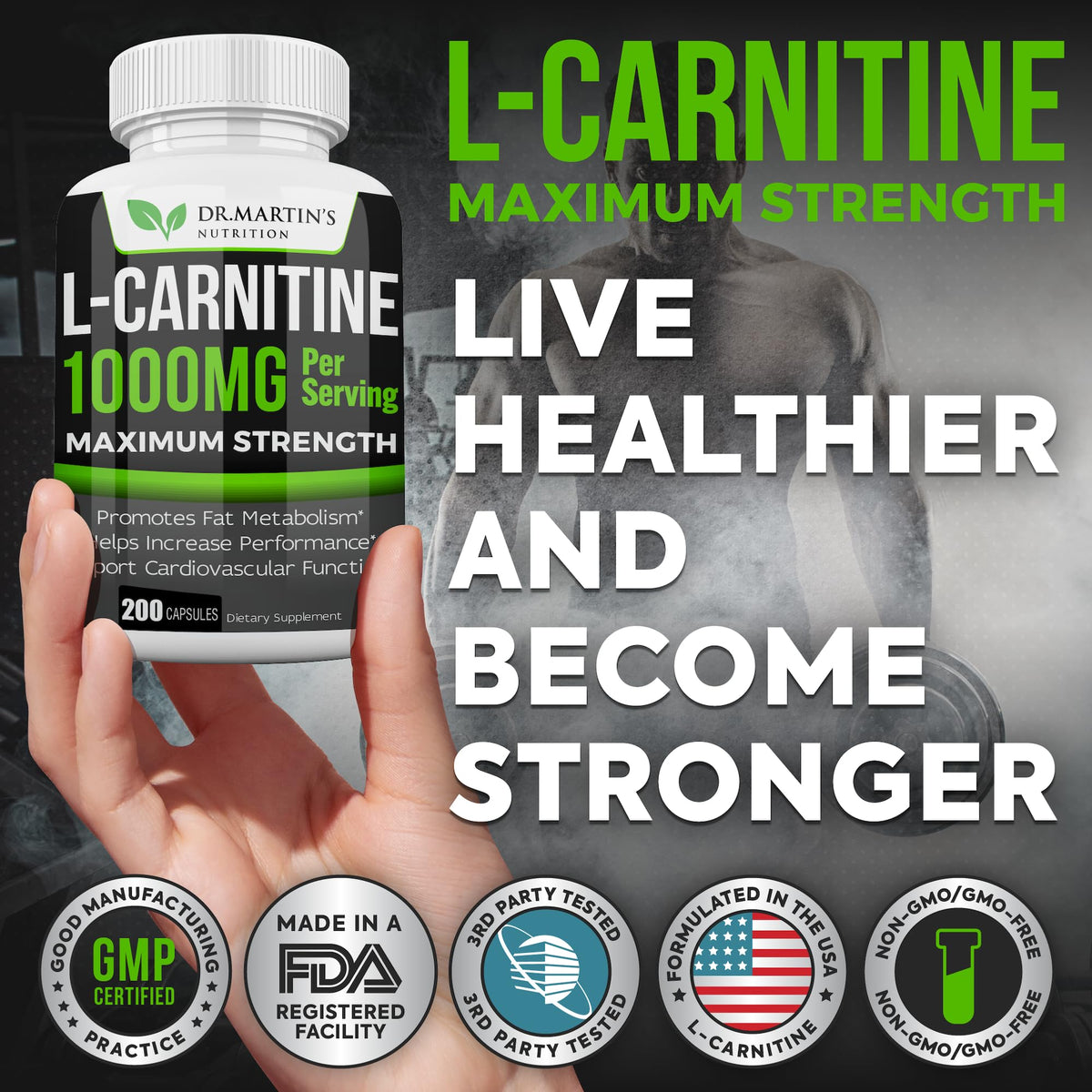 DR. MARTIN'S NUTRITION Extra Strength L-Carnitine - 200 Capsules - 1000mg Per Serving - Boost Your Metabolism and Increase Performance - PrimeBioHealth - canada supplements