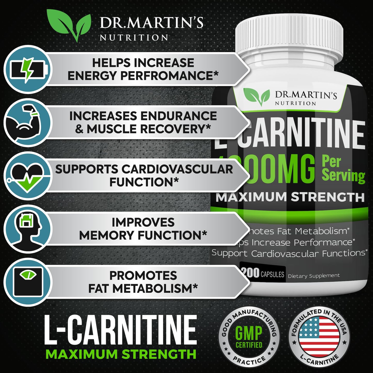 DR. MARTIN'S NUTRITION Extra Strength L-Carnitine - 200 Capsules - 1000mg Per Serving - Boost Your Metabolism and Increase Performance - PrimeBioHealth - canada supplements