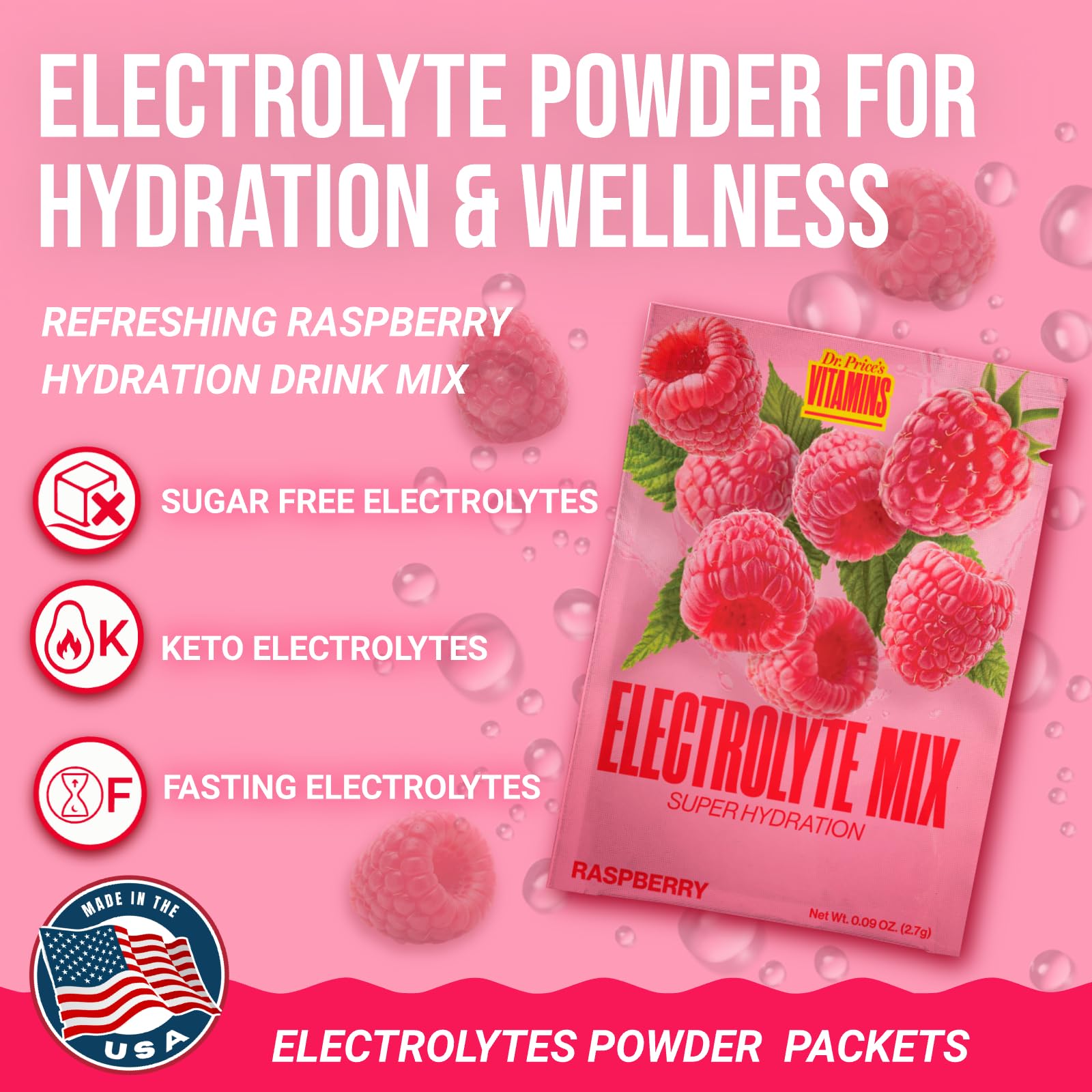 Dr. Price’s Electrolytes Hydration Powder Packets – Raspberry, 30 Packs | Sugar Free Electrolyte Drink Mix, 72+ Trace Minerals, Manganese | Keto Electrolytes, - PrimeBioHealth - canada supplements