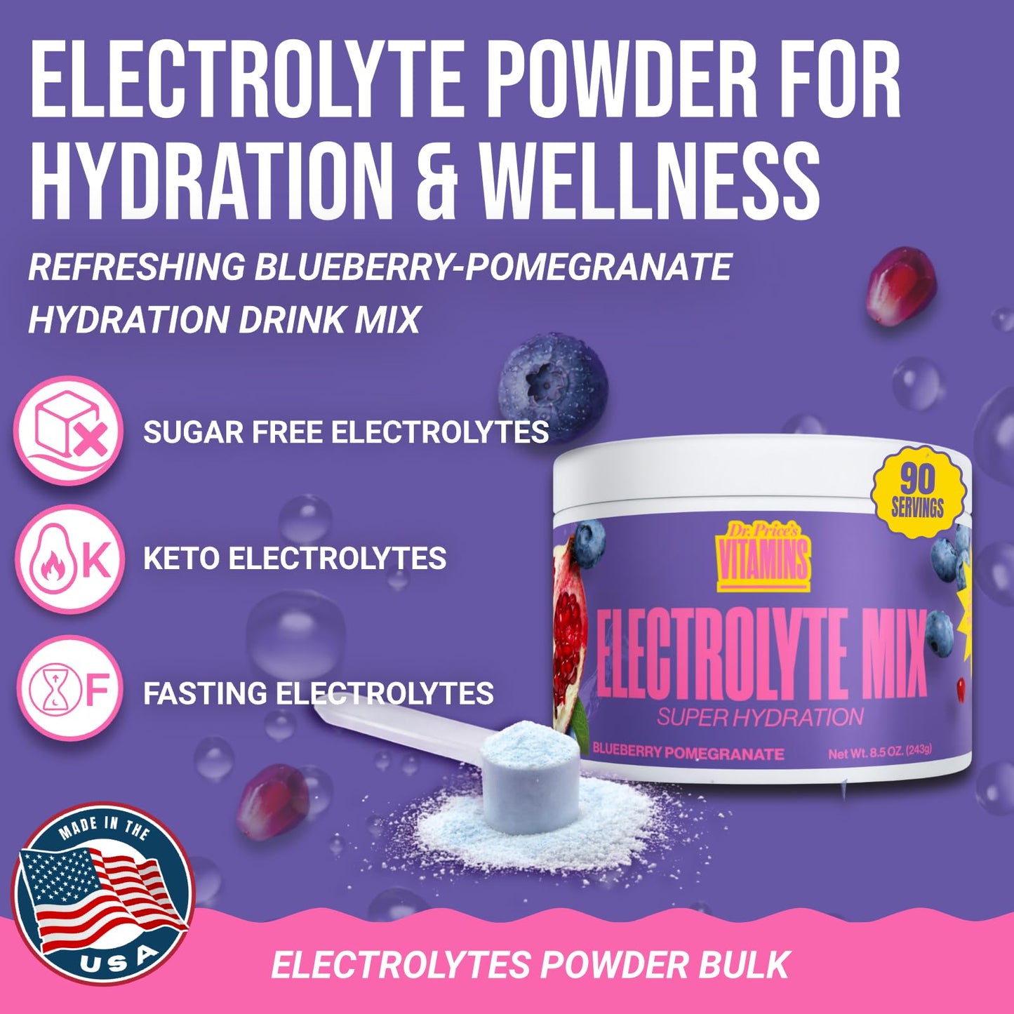 Dr. Price’s Electrolytes Powder Bulk – Blueberry Pomegranate, 90 Servings | Sugar Free Hydration Drink Mix with 72+ Trace Minerals, Manganese | Keto Electrolytes - PrimeBioHealth - canada supplements