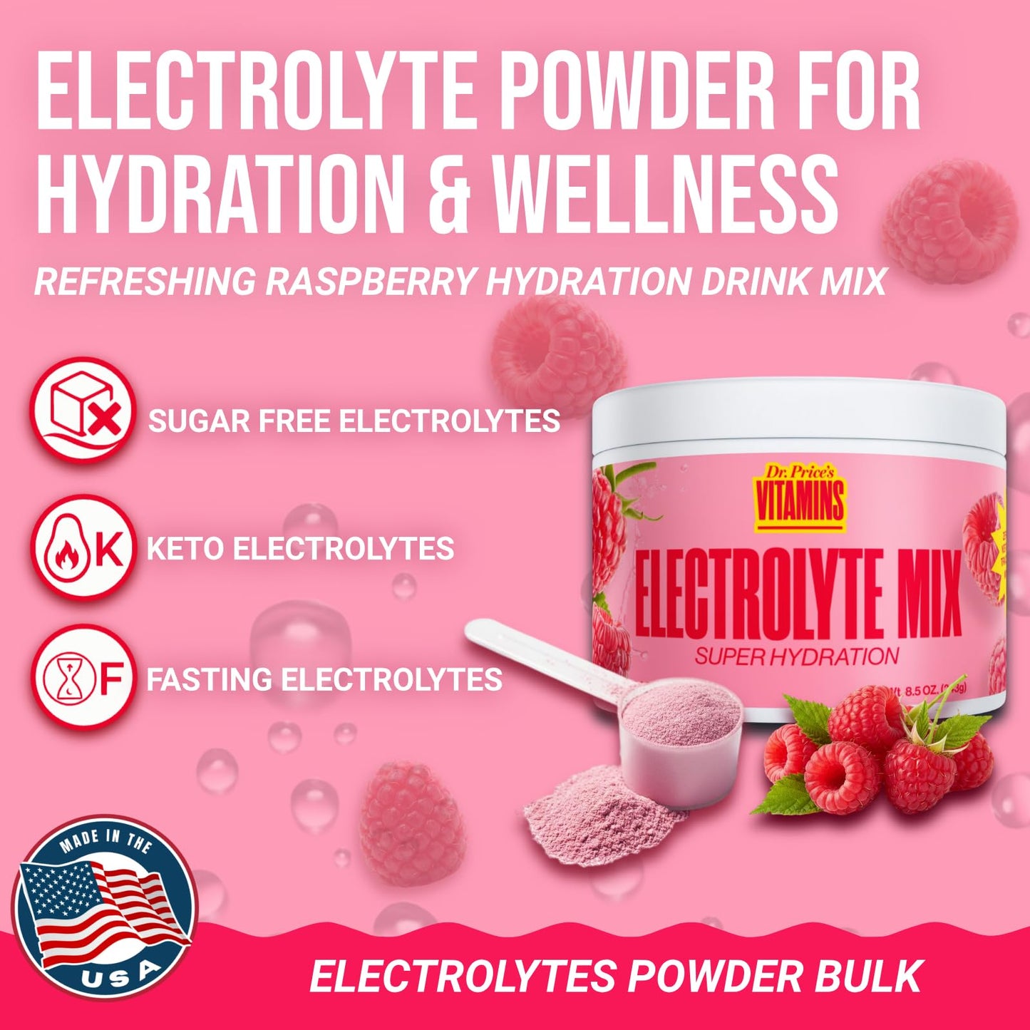 Dr. Price’s Electrolytes Powder Bulk – Raspberry, 90 Servings | Sugar Free Hydration Drink Mix with 72+ Trace Minerals, Manganese | Keto Electrolytes - PrimeBioHealth - canada supplements