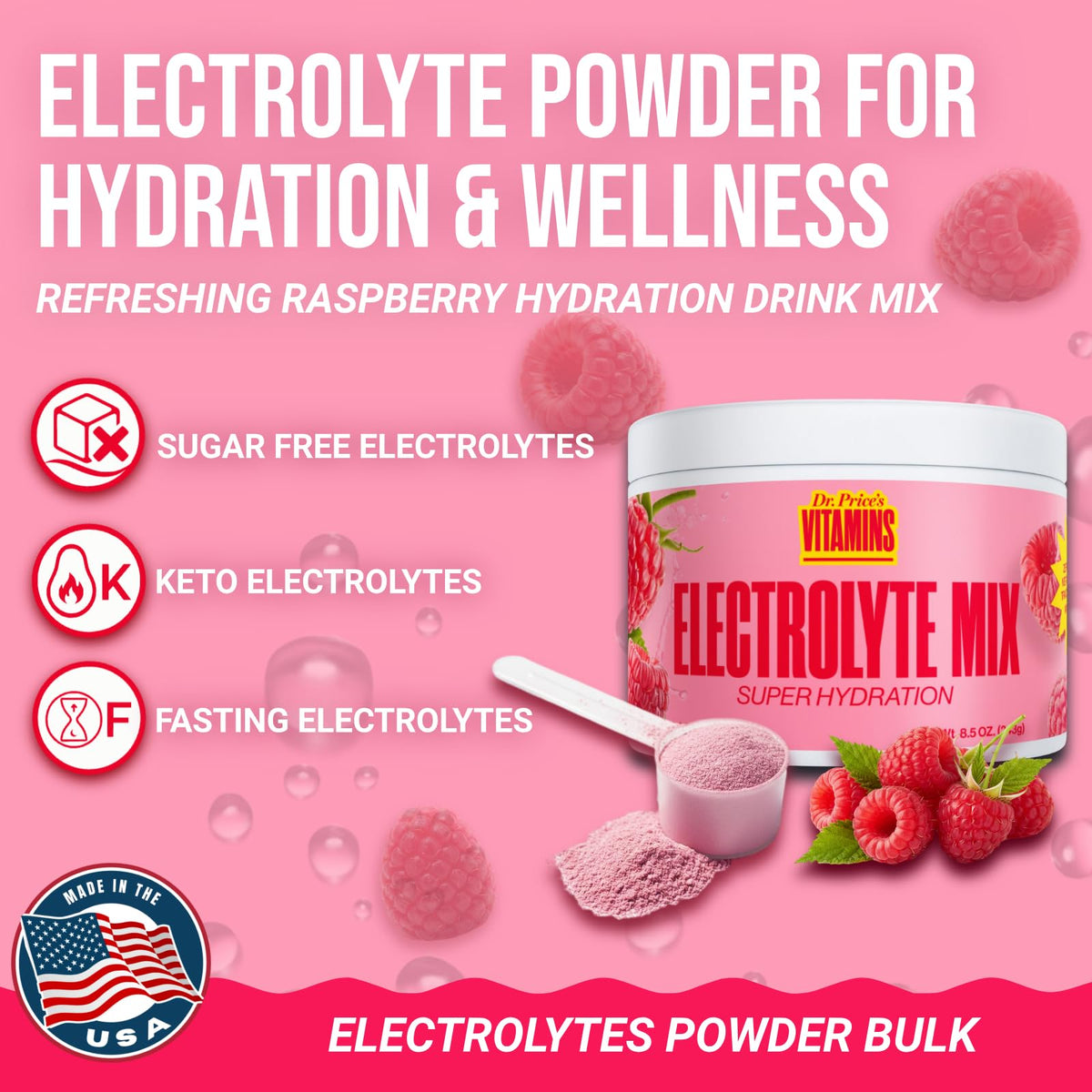 Dr. Price’s Electrolytes Powder Bulk – Raspberry, 90 Servings | Sugar Free Hydration Drink Mix with 72+ Trace Minerals, Manganese | Keto Electrolytes - PrimeBioHealth - canada supplements