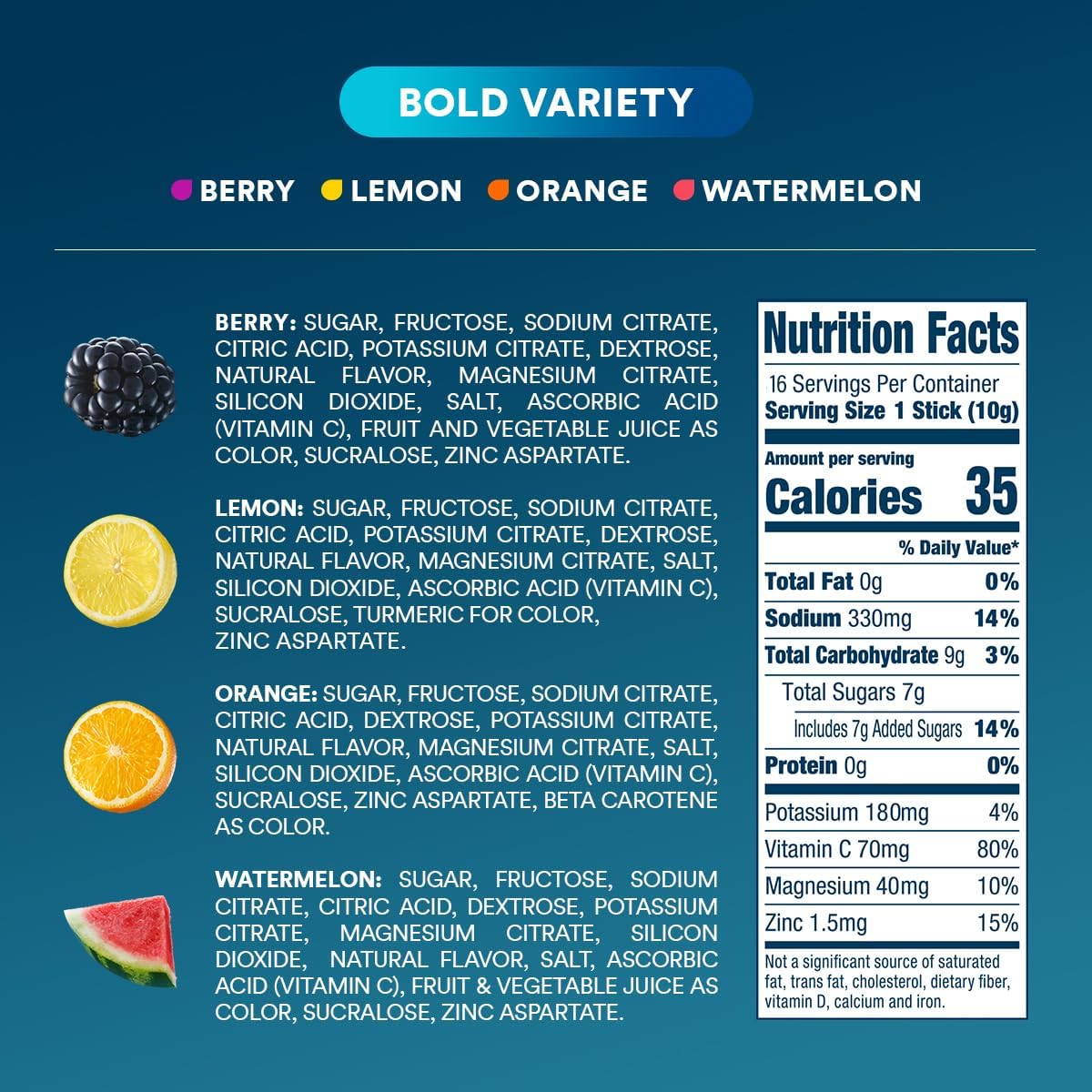 DripDrop Hydration Packets - Bold Variety Pack - Single Serve Electrolytes Powder Drink Mix - Watermelon, Berry, Lemon, Orange - PrimeBioHealth - canada supplements