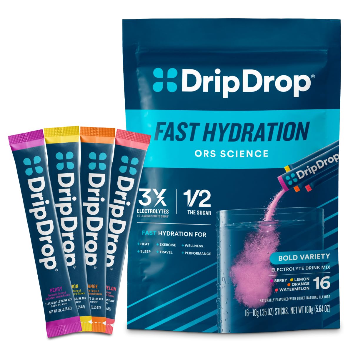 DripDrop Hydration Packets - Bold Variety Pack - Single Serve Electrolytes Powder Drink Mix - Watermelon, Berry, Lemon, Orange - PrimeBioHealth - canada supplements
