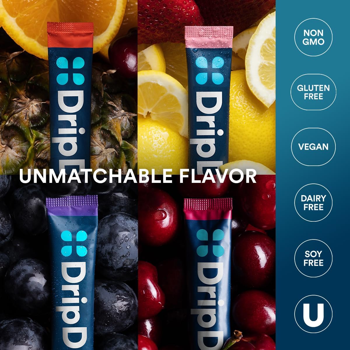 DripDrop Hydration Packets - Juicy Variety Pack - Single Serve Electrolytes Powder Drink Mix - Grape, Fruit Punch, Strawberry Lemonade, Cherry - PrimeBioHealth - canada supplements