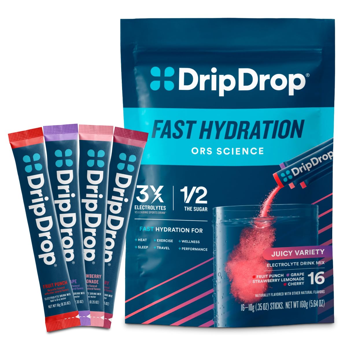 DripDrop Hydration Packets - Juicy Variety Pack - Single Serve Electrolytes Powder Drink Mix - Grape, Fruit Punch, Strawberry Lemonade, Cherry - PrimeBioHealth - canada supplements