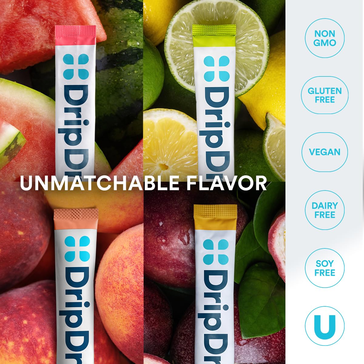 DripDrop Sugar Free Hydration Packets - Zero Classic Variety Pack - Single Serve Electrolytes Powder Drink Mix - Lemon Lime, Watermelon, Peach, Passion Fruit - PrimeBioHealth - canada supplements