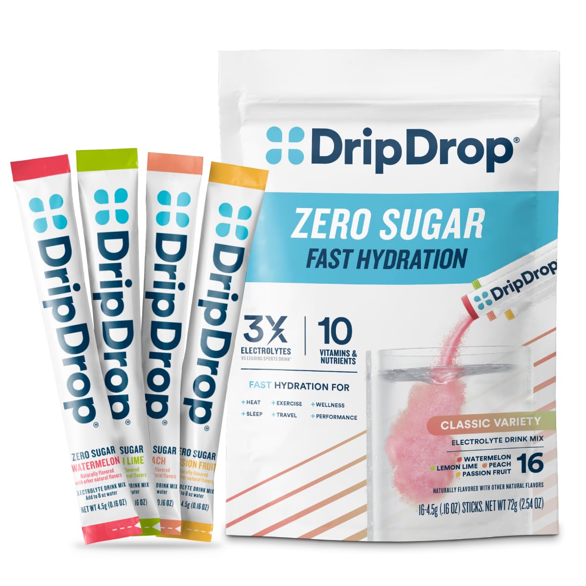 DripDrop Sugar Free Hydration Packets - Zero Classic Variety Pack - Single Serve Electrolytes Powder Drink Mix - Lemon Lime, Watermelon, Peach, Passion Fruit - PrimeBioHealth - canada supplements