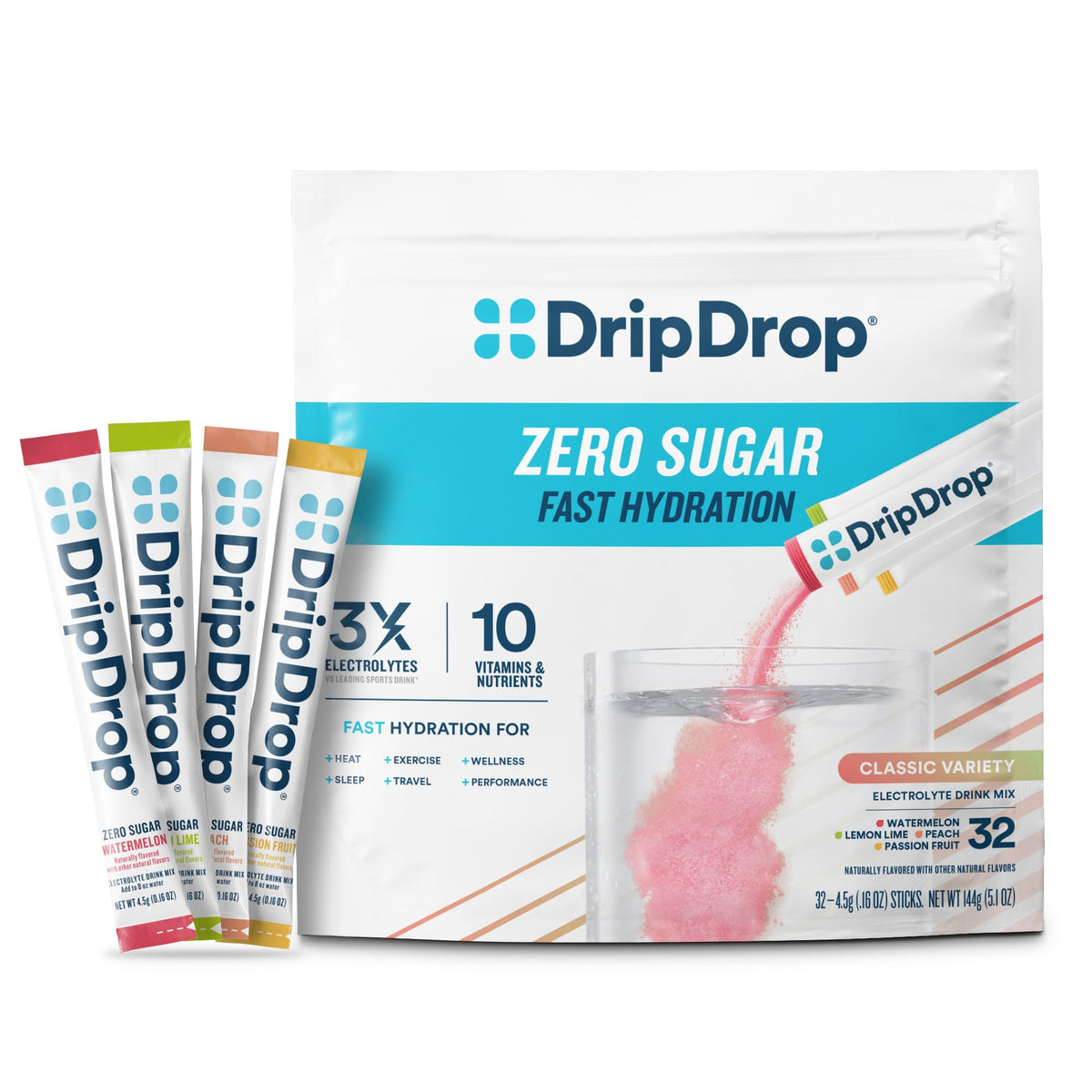 DripDrop Sugar Free Hydration Packets - Zero Classic Variety Pack - Single Serve Electrolytes Powder Drink Mix - Lemon Lime, Watermelon, Peach, Passion Fruit - PrimeBioHealth - canada supplements
