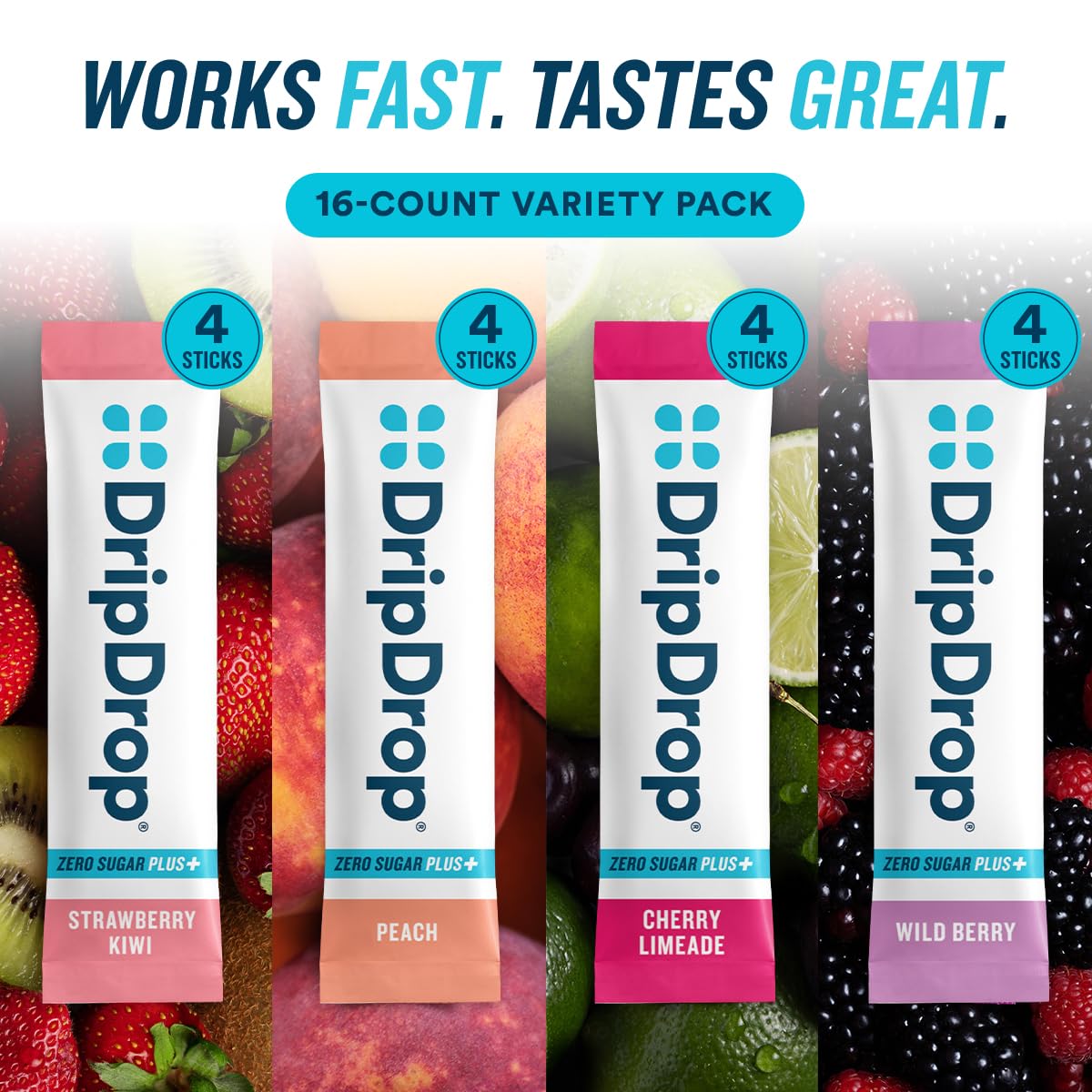 DripDrop Zero Sugar Plus - Sugar Free Hydration Packets - Single Serve Electrolytes Powder Drink Mix - Strawberry Kiwi, Peach, Cherry Limeade, Wild Berry - PrimeBioHealth - canada supplements