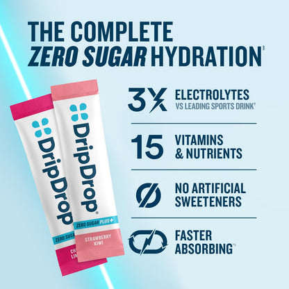 DripDrop Zero Sugar Plus - Sugar Free Hydration Packets - Single Serve Electrolytes Powder Drink Mix - Strawberry Kiwi, Peach, Cherry Limeade, Wild Berry - PrimeBioHealth - canada supplements
