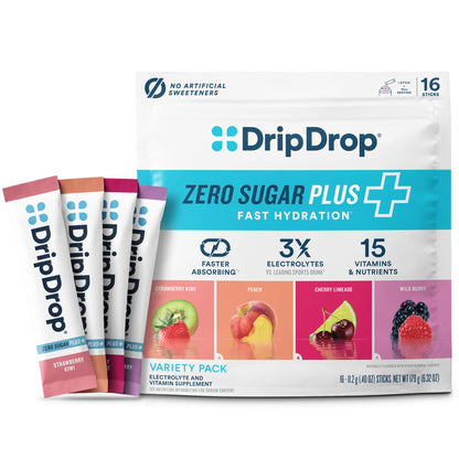 DripDrop Zero Sugar Plus - Sugar Free Hydration Packets - Single Serve Electrolytes Powder Drink Mix - Strawberry Kiwi, Peach, Cherry Limeade, Wild Berry - PrimeBioHealth - canada supplements