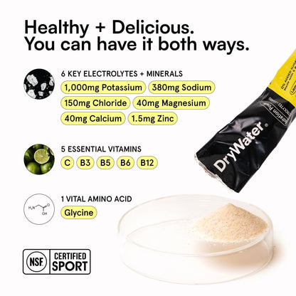 DryWater Electrolyte Powder Packets, Lemon Lime - Hydration Packets Drink Mix with Zero Added Sugar for Rehydration & Energy - 6 Key Electrolytes - PrimeBioHealth - canada supplements