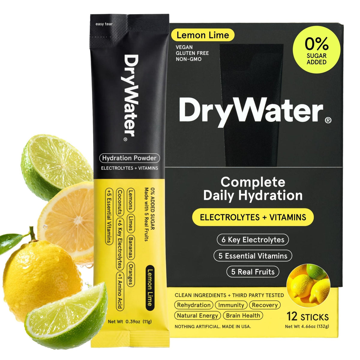 DryWater Electrolyte Powder Packets, Lemon Lime - Hydration Packets Drink Mix with Zero Added Sugar for Rehydration & Energy - 6 Key Electrolytes - PrimeBioHealth - canada supplements