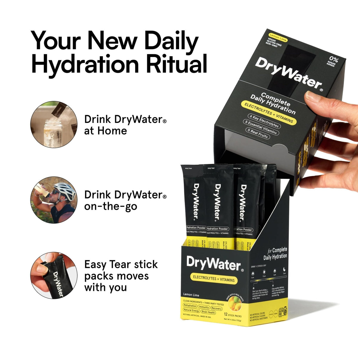 DryWater Electrolyte Powder Packets, Lemon Lime - Hydration Packets Drink Mix with Zero Added Sugar for Rehydration & Energy - 6 Key Electrolytes - PrimeBioHealth - canada supplements