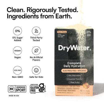 DryWater Electrolyte Powder Packets, Peach Mango - Hydration Packets Drink Mix with Zero Added Sugar for Rehydration & Energy - 6 Key Electrolytes - PrimeBioHealth - canada supplements