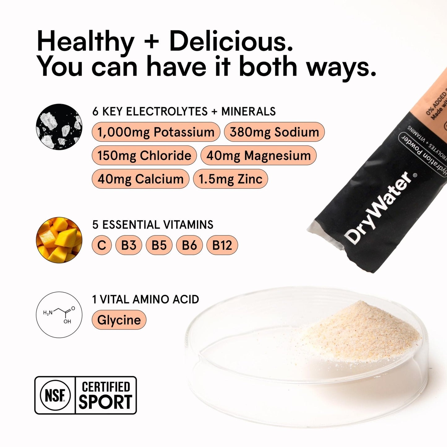 DryWater Electrolyte Powder Packets, Peach Mango - Hydration Packets Drink Mix with Zero Added Sugar for Rehydration & Energy - 6 Key Electrolytes - PrimeBioHealth - canada supplements
