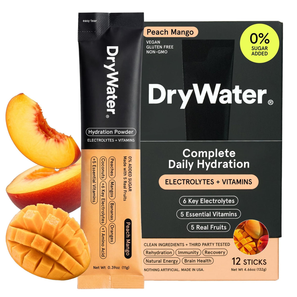 DryWater Electrolyte Powder Packets, Peach Mango - Hydration Packets Drink Mix with Zero Added Sugar for Rehydration & Energy - 6 Key Electrolytes - PrimeBioHealth - canada supplements