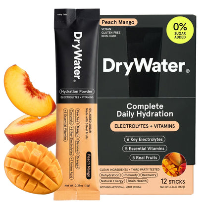 DryWater Electrolyte Powder Packets, Peach Mango - Hydration Packets Drink Mix with Zero Added Sugar for Rehydration & Energy - 6 Key Electrolytes - PrimeBioHealth - canada supplements