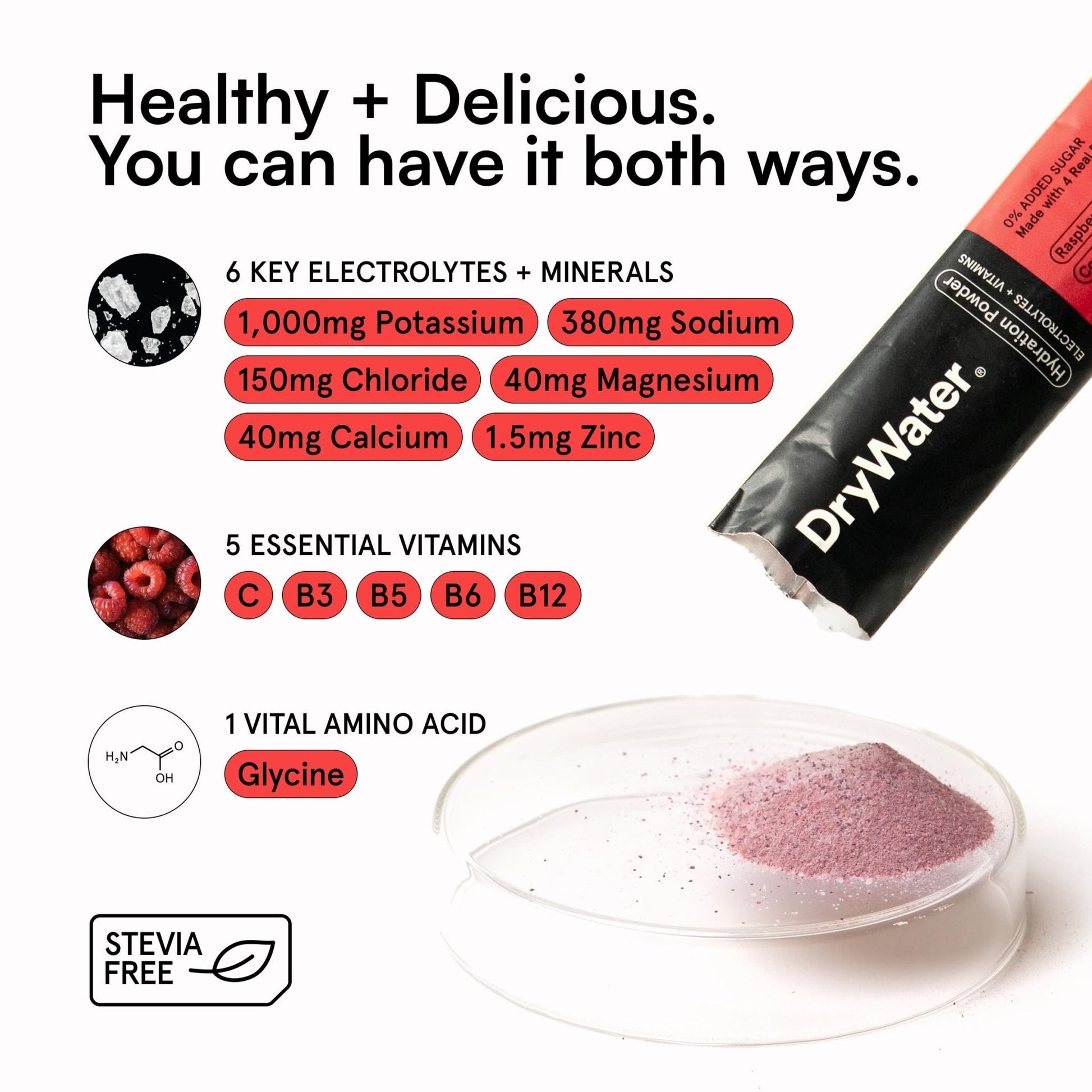 DryWater Electrolyte Powder Packets, Raspberry Lemon - Stevia-Free Hydration Packets Drink Mix with Zero Added Sugar for Rehydration & Energy - 6 Key Electrolytes - PrimeBioHealth - canada supplements