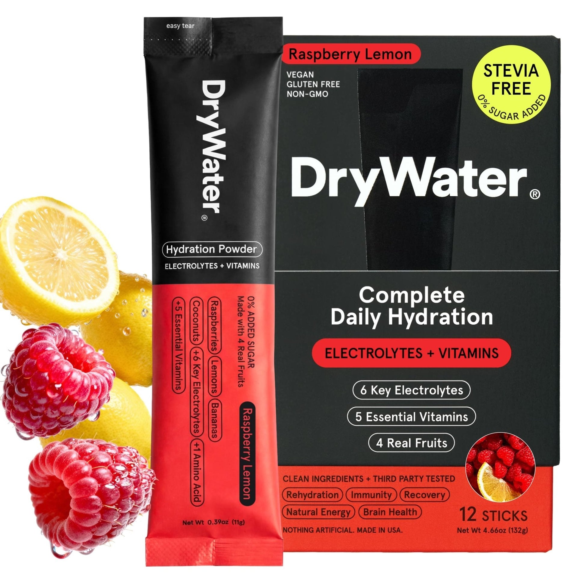DryWater Electrolyte Powder Packets, Raspberry Lemon - Stevia-Free Hydration Packets Drink Mix with Zero Added Sugar for Rehydration & Energy - 6 Key Electrolytes - PrimeBioHealth - canada supplements