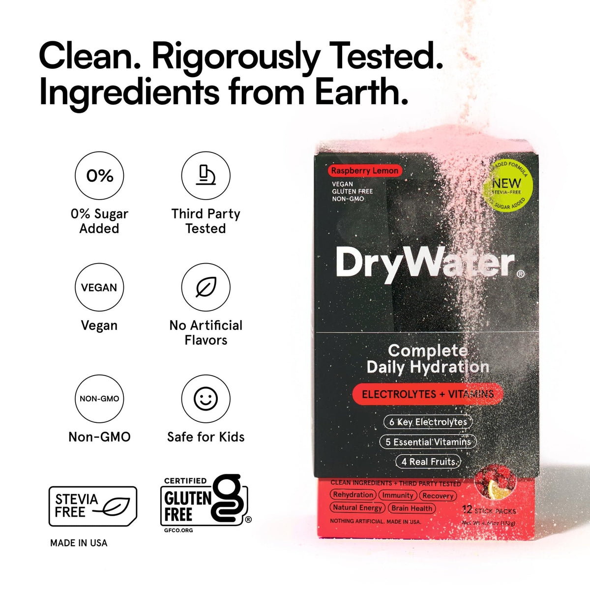 DryWater Electrolyte Powder Packets, Raspberry Lemon - Stevia-Free Hydration Packets Drink Mix with Zero Added Sugar for Rehydration & Energy - 6 Key Electrolytes - PrimeBioHealth - canada supplements