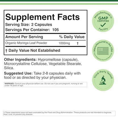 DWS Organic Moringa Capsules 1000mg - Pure Moringa Powder for Energy & Immune Support - Green Superfood Rich in Antioxidants - PrimeBioHealth - canada supplements