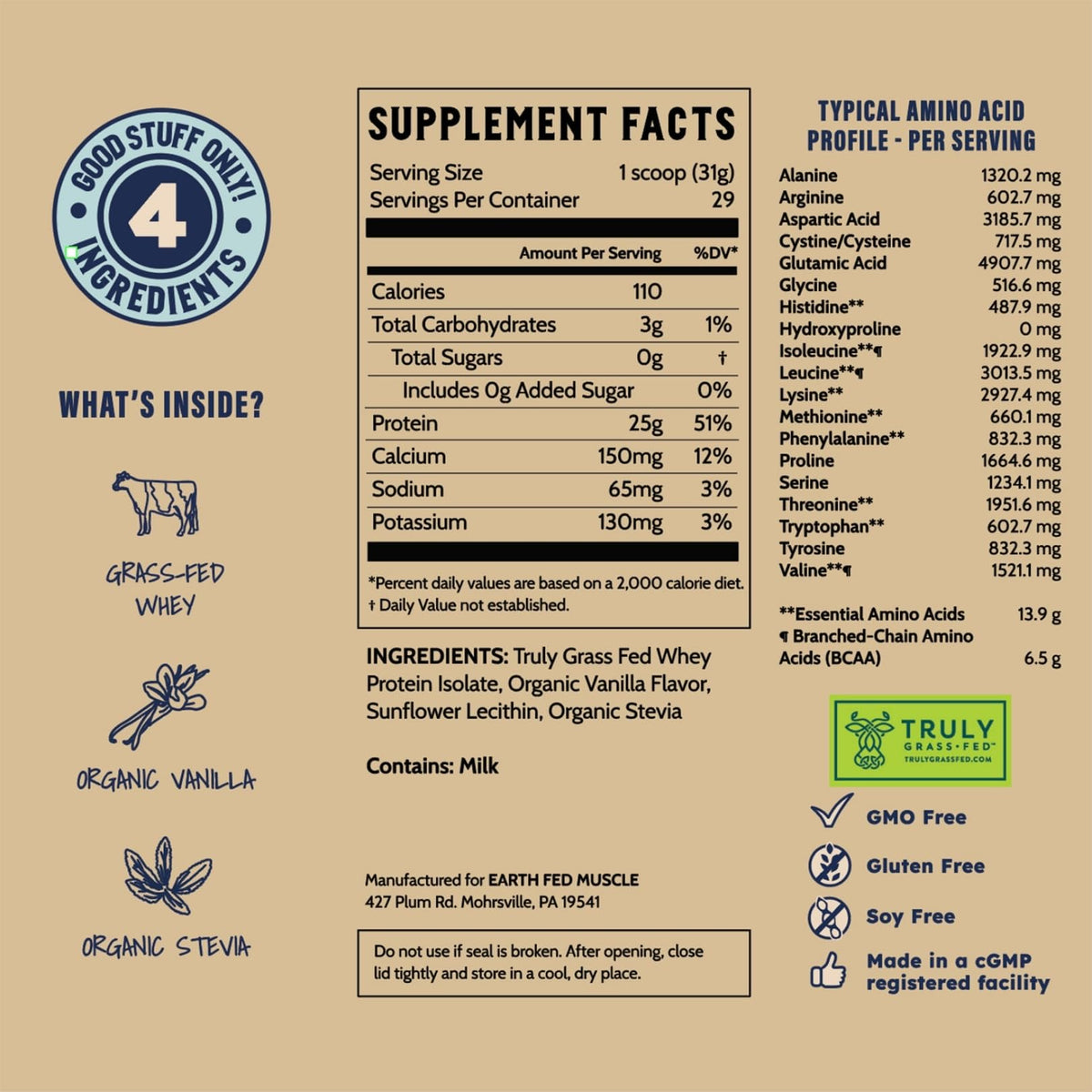 Earth Fed Muscle Whey Back Irish Grass Fed Whey Protein Isolate, Third-Party Certified. 25g Protein, Vanilla - Non-GMO, Hormone Free, Soy Free, Gluten Free - 2 LB, 29 Servings - PrimeBioHealth - canada supplements