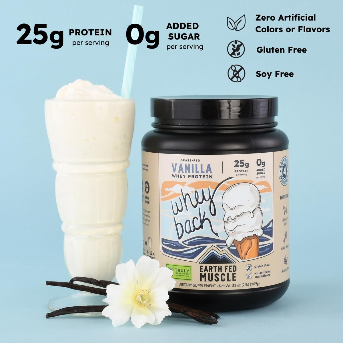 Earth Fed Muscle Whey Back Irish Grass Fed Whey Protein Isolate, Third-Party Certified. 25g Protein, Vanilla - Non-GMO, Hormone Free, Soy Free, Gluten Free - 2 LB, 29 Servings - PrimeBioHealth - canada supplements