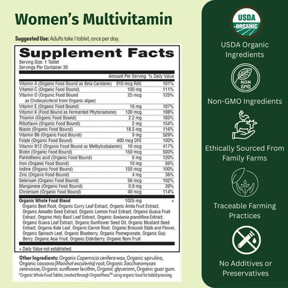 EarthFirst Organic Women’s Multi Once Daily, Women's Multivitamin, Iron, Vitamin B12 & More, 19 Vitamins from Herbs & Superfoods, 30 Count - PrimeBioHealth - canada supplements
