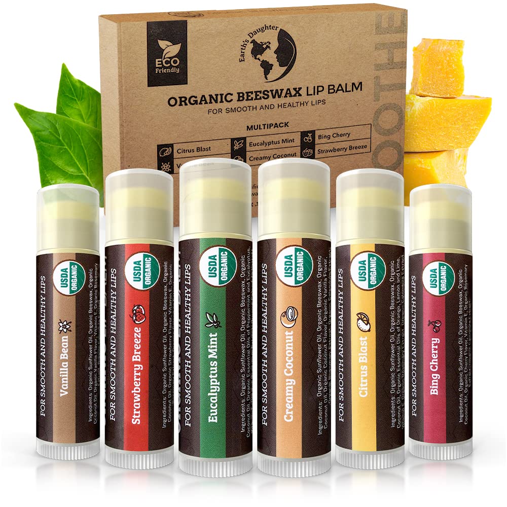 Earth's Daughter USDA Organic Lip Balm 6-Pack - Fruit Flavors, Beeswax, Coconut Oil, Vitamin E - Best Lip Repair - PrimeBioHealth - canada supplements