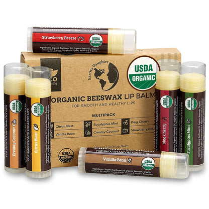 Earth's Daughter USDA Organic Lip Balm 6-Pack - Fruit Flavors, Beeswax, Coconut Oil, Vitamin E - Best Lip Repair - PrimeBioHealth - canada supplements