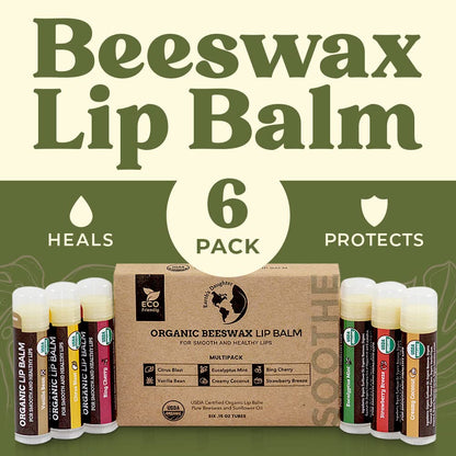 Earth's Daughter USDA Organic Lip Balm 6-Pack - Fruit Flavors, Beeswax, Coconut Oil, Vitamin E - Best Lip Repair - PrimeBioHealth - canada supplements
