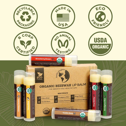 Earth's Daughter USDA Organic Lip Balm 6-Pack - Fruit Flavors, Beeswax, Coconut Oil, Vitamin E - Best Lip Repair - PrimeBioHealth - canada supplements