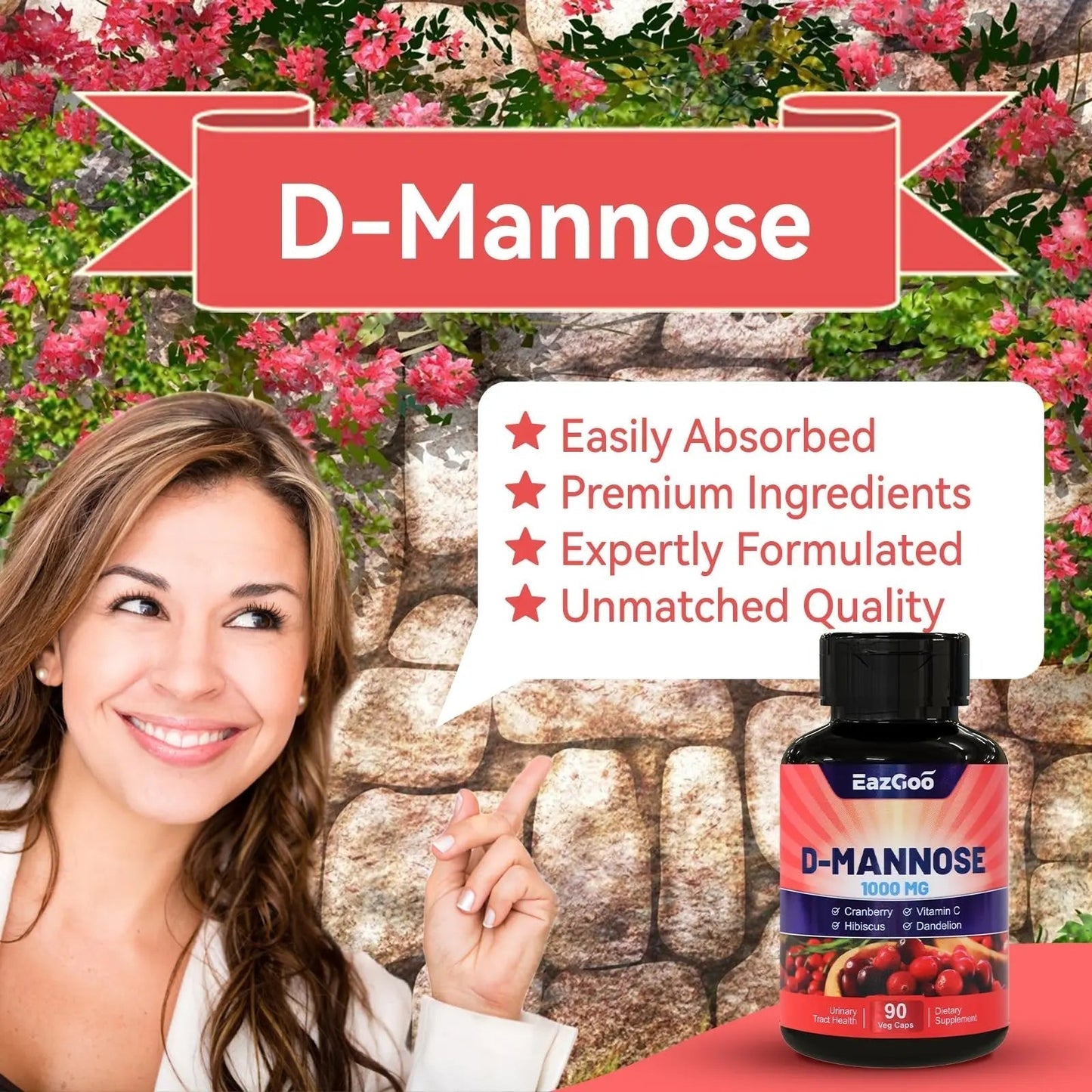 EAZGOO D-Mannose Supplement – 1000mg Capsules with Cranberry, Vitamin C, Hibiscus & Dandelion Extract, Support Urinary Health, D Mannose & Cranberry Capsules, 90 Count(Pack of 2) - PrimeBioHealth - canada supplements