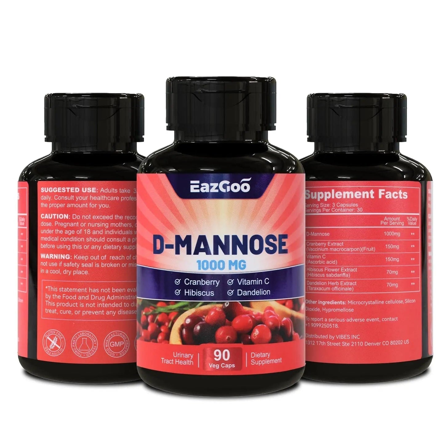 EAZGOO D-Mannose Supplement – 1000mg Capsules with Cranberry, Vitamin C, Hibiscus & Dandelion Extract, Support Urinary Health, D Mannose & Cranberry Capsules, 90 Count(Pack of 2) - PrimeBioHealth - canada supplements