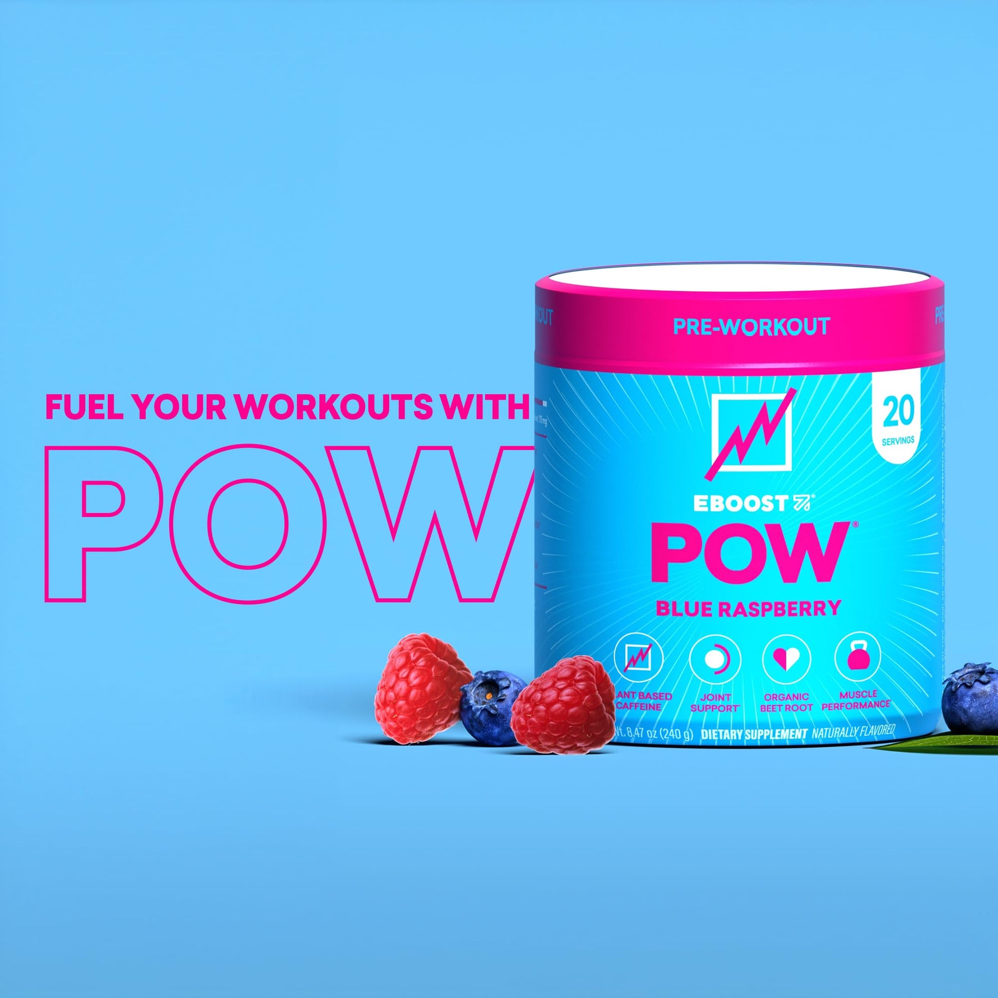 EBOOST POW Natural Pre Workout Powder – 20 Servings - Blue Raspberry - A PreWorkout Supplement for Performance, Joint Mobility Support, Energy - Men and Women - PrimeBioHealth - canada supplements