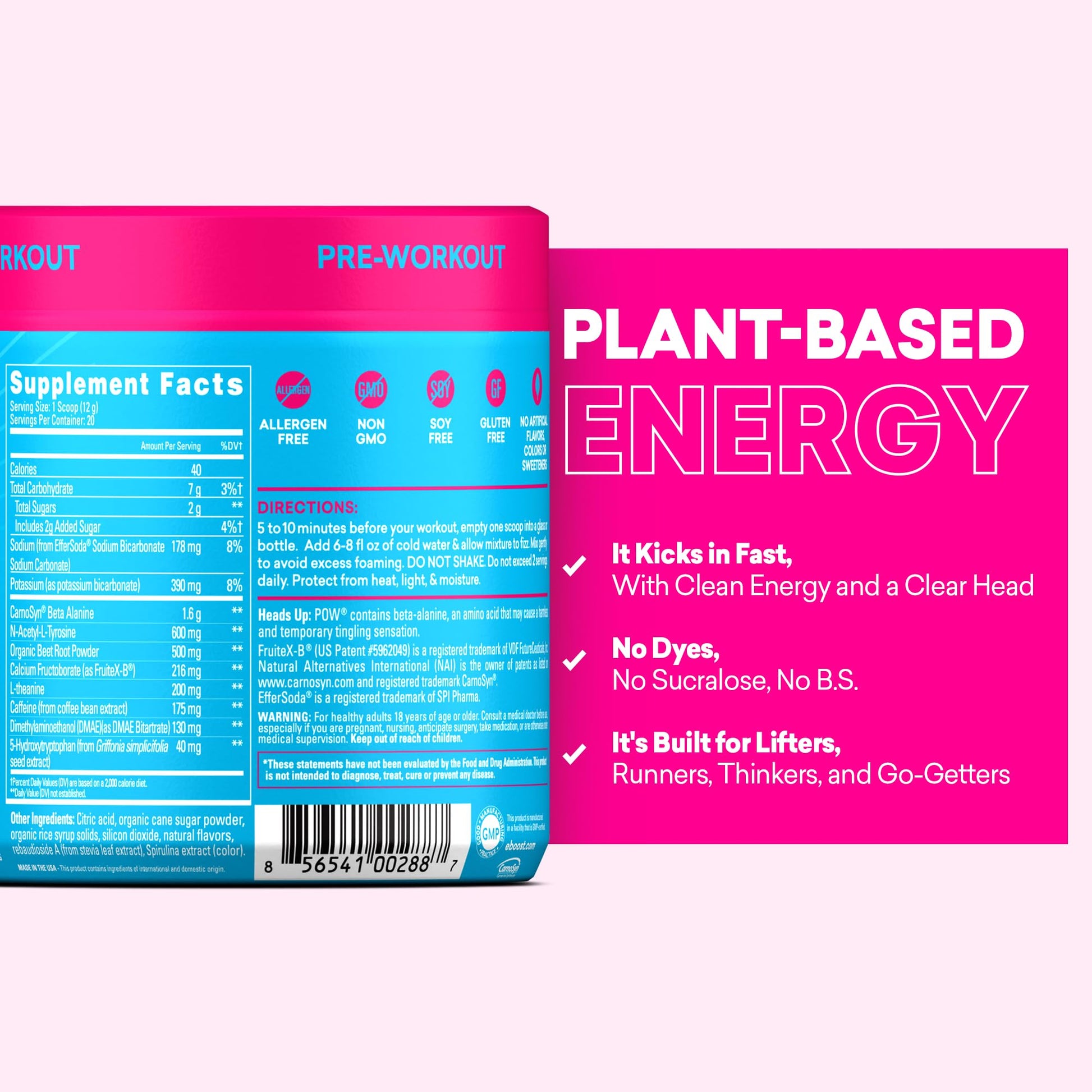 EBOOST POW Natural Pre Workout Powder – 20 Servings - Blue Raspberry - A PreWorkout Supplement for Performance, Joint Mobility Support, Energy - Men and Women - PrimeBioHealth - canada supplements