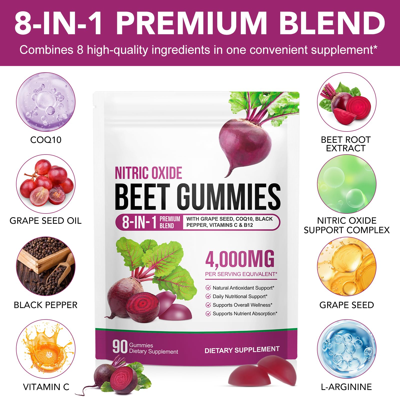 ECHTEYUN Super Beetroot Gummies, 8 in 1 Beet Root 4,000mg with Grape Seed Extract & CoQ10, Sugar Free - 90 Count (1) - PrimeBioHealth - canada supplements
