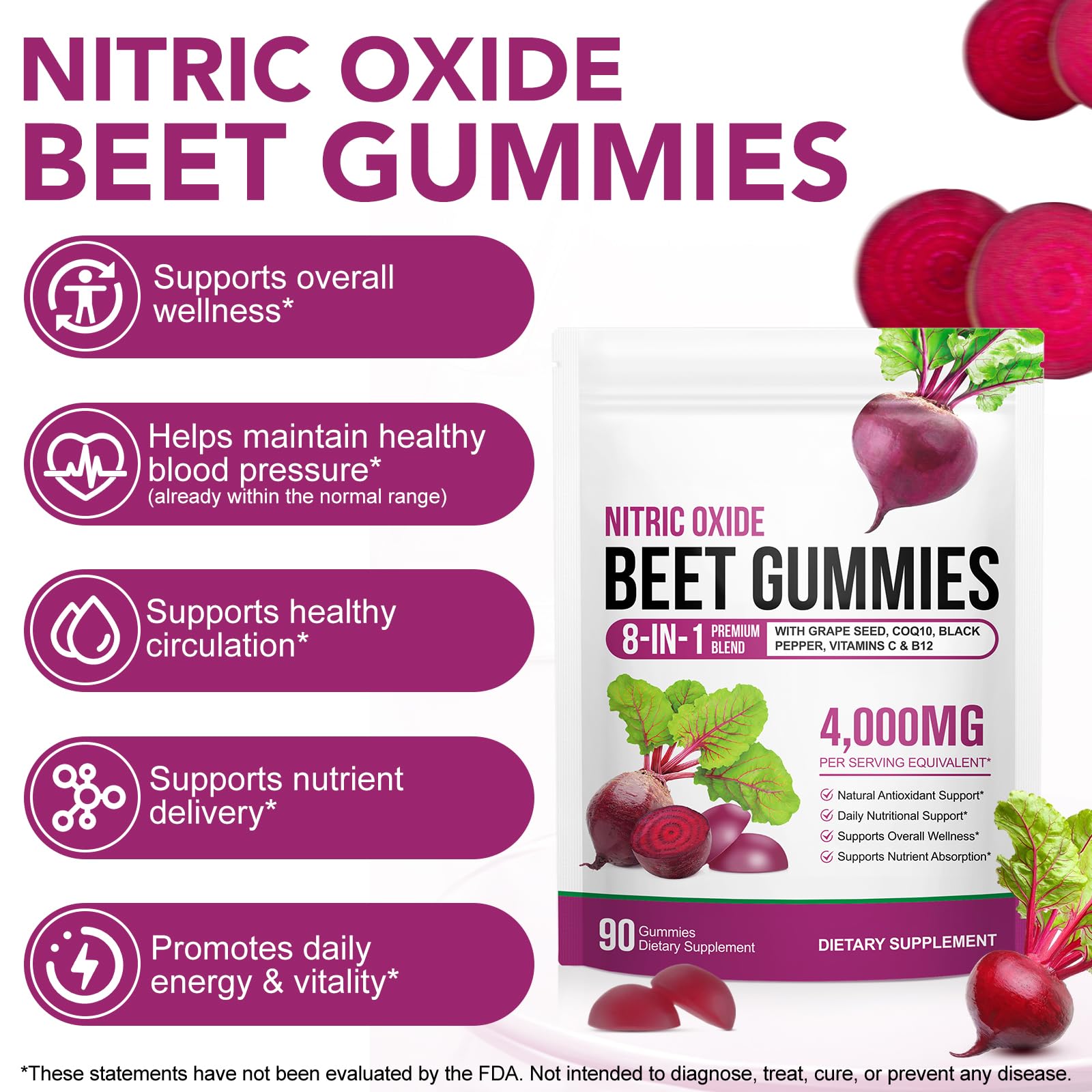 ECHTEYUN Super Beetroot Gummies, 8 in 1 Beet Root 4,000mg with Grape Seed Extract & CoQ10, Sugar Free - 90 Count (1) - PrimeBioHealth - canada supplements