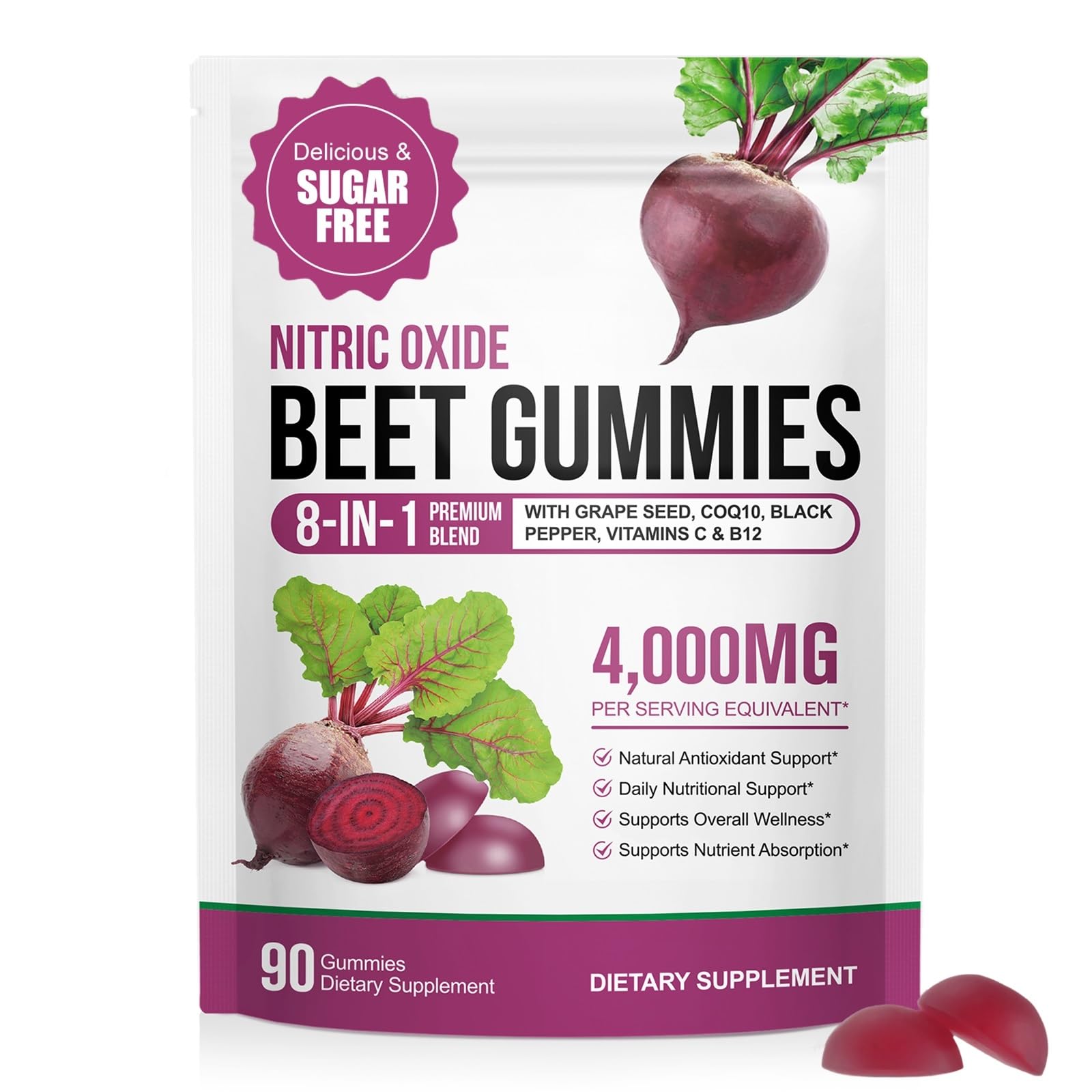 ECHTEYUN Super Beetroot Gummies, 8 in 1 Beet Root 4,000mg with Grape Seed Extract & CoQ10, Sugar Free - 90 Count (1) - PrimeBioHealth - canada supplements