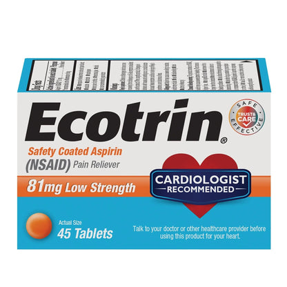 Ecotrin Low Strength Safety Coated Aspirin, NSAID 81mg, 45 count - PrimeBioHealth - canada supplements