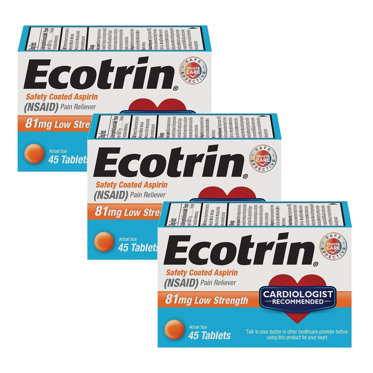 Ecotrin Safety Coated Aspirin Pain Reliever Tablets, Low Strength, NSAID 81mg, 45 ct (Pack of 3) - PrimeBioHealth - canada supplements