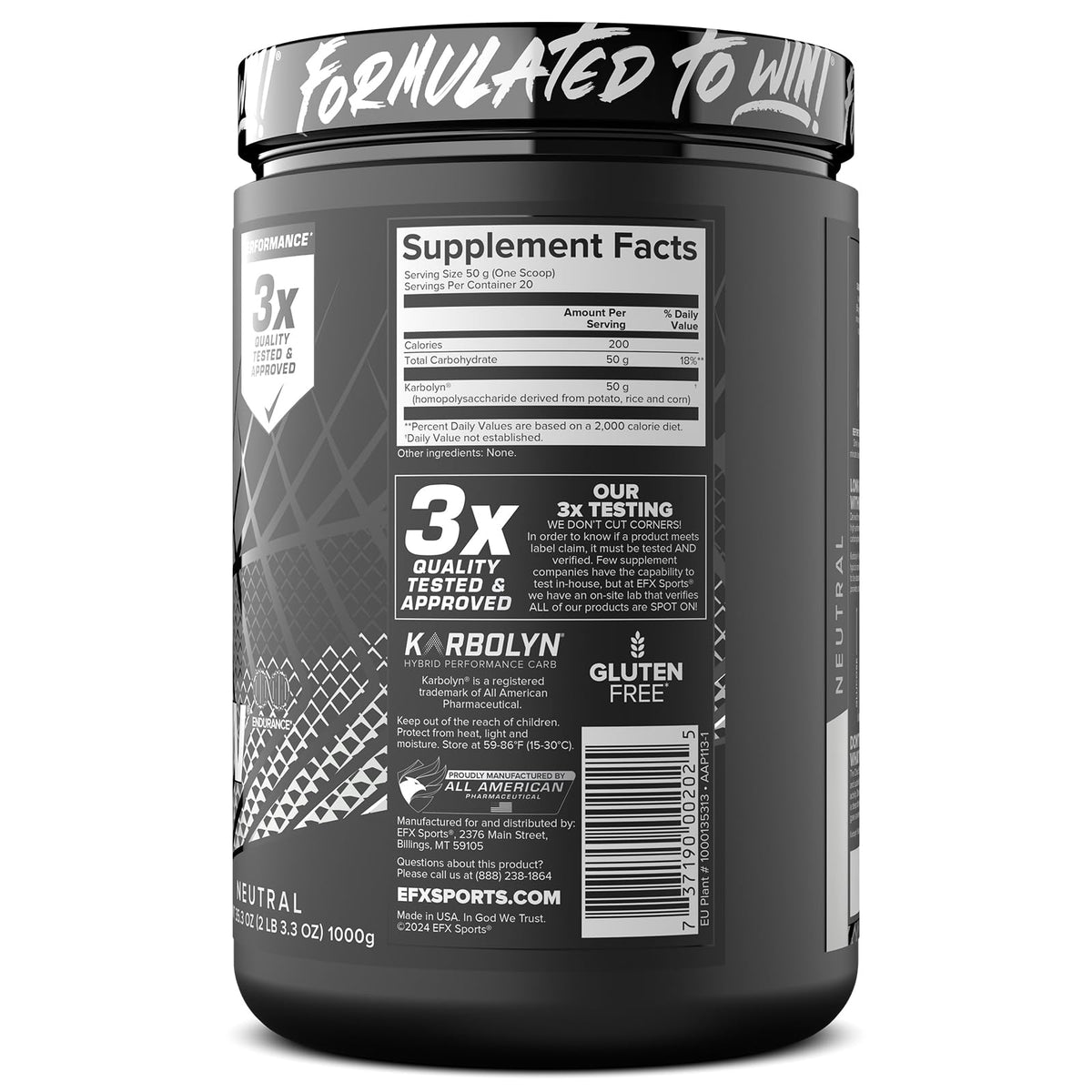 EFX Sports Karbolyn Fuel | Fast-Absorbing Carbohydrate Powder | Carb Load, Sustained Energy, Quick Recovery | Stimulant Free | 20 Servings (Neutral) - PrimeBioHealth - canada supplements