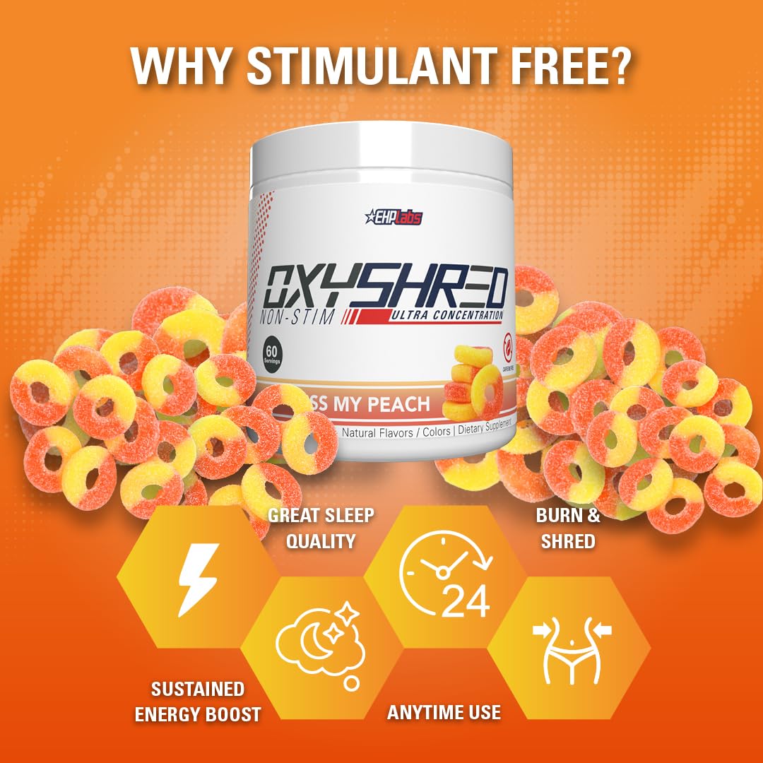 EHP Labs OxyShred Non Stimulant Pre Workout Powder - Stim Free Pre Workout, Caffeine Free Preworkout for Men & Women with L Glutamine & Acetyl L Carnitine - Peach, 60 Servings - PrimeBioHealth - canada supplements