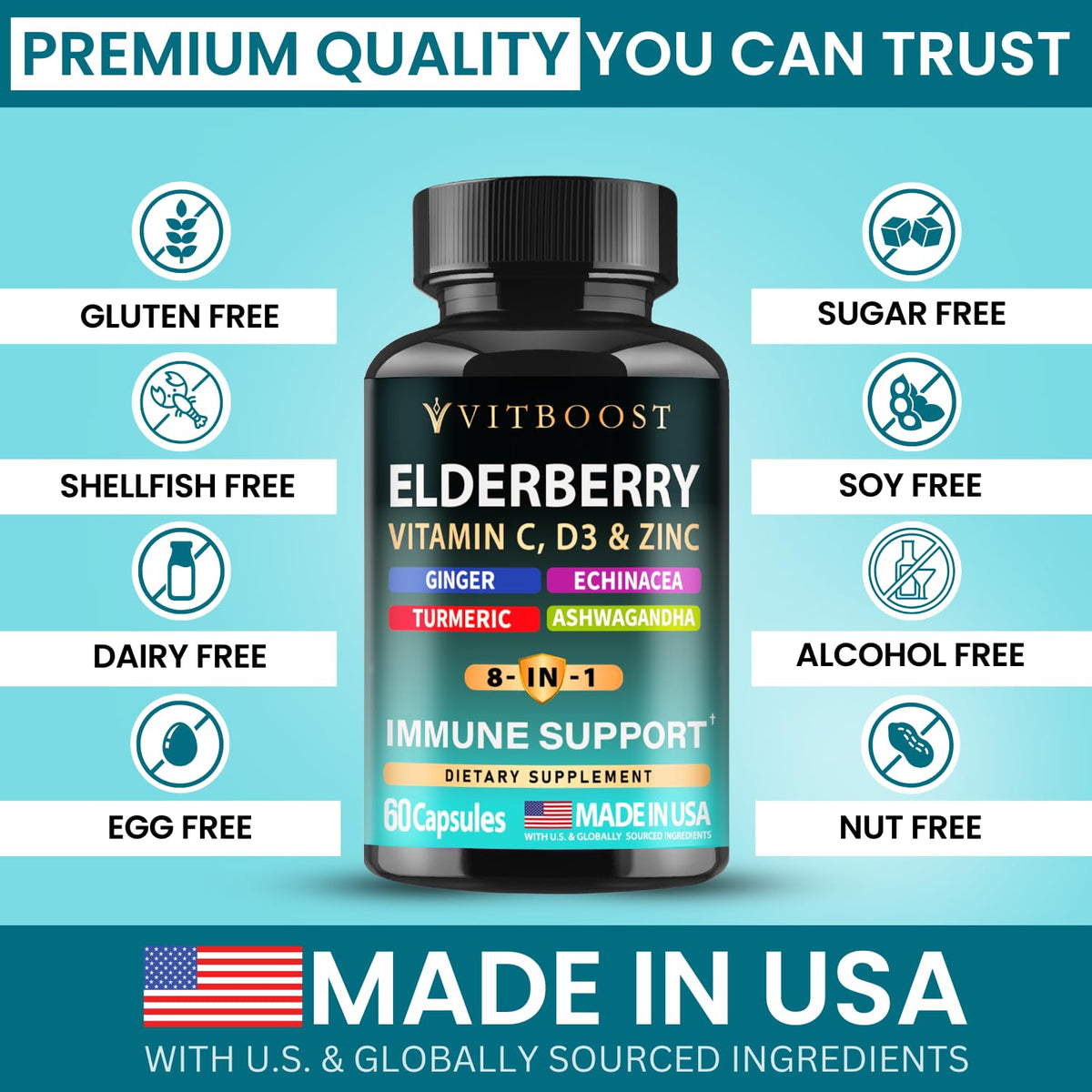 Elderberry Immune Support Supplement 8-in-1 Formula with Echinacea, Vitamin C & Zinc, Vitamin D 5000 IU, Turmeric, Ginger, Ashwagandha – 60 Capsules - PrimeBioHealth - canada supplements