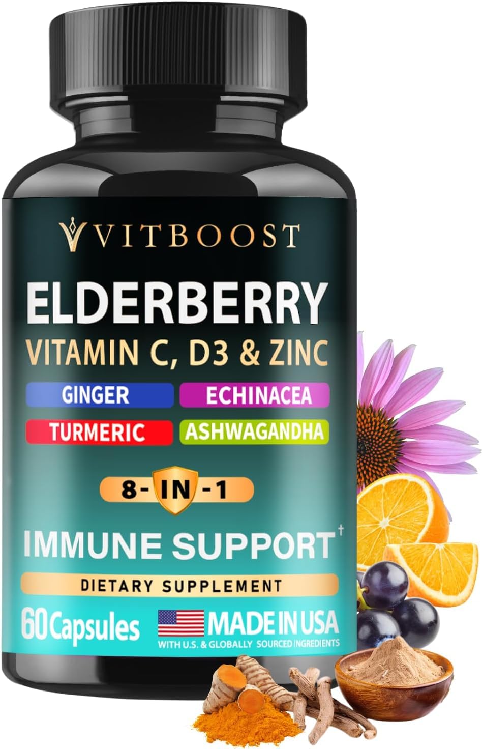 Elderberry Immune Support Supplement 8-in-1 Formula with Echinacea, Vitamin C & Zinc, Vitamin D 5000 IU, Turmeric, Ginger, Ashwagandha – 60 Capsules - PrimeBioHealth - canada supplements