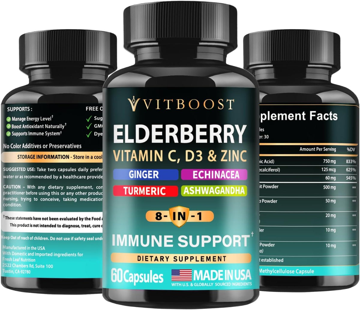 Elderberry Immune Support Supplement 8-in-1 Formula with Echinacea, Vitamin C & Zinc, Vitamin D 5000 IU, Turmeric, Ginger, Ashwagandha – 60 Capsules - PrimeBioHealth - canada supplements