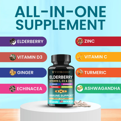 Elderberry Immune Support Supplement 8-in-1 Formula with Echinacea, Vitamin C & Zinc, Vitamin D 5000 IU, Turmeric, Ginger, Ashwagandha – 60 Capsules - PrimeBioHealth - canada supplements